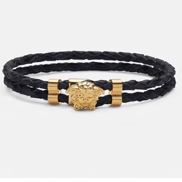VERSACE BLACK & GOLD MEDUSA BRAIDED LEATHER BRACELET. EUC! Unisex. Retail $275 - Picture 1 of 12